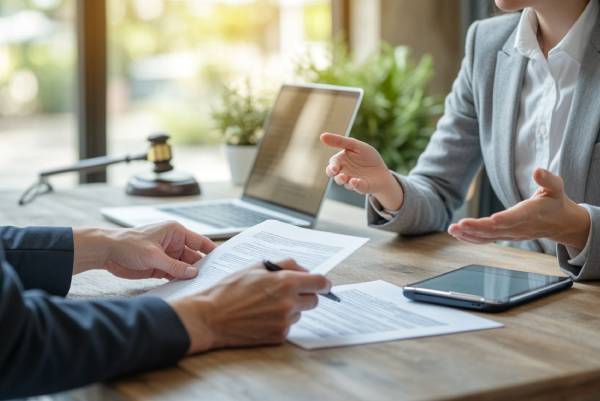 En una sala de reuniones de estilo minimalista un equipo legal y financiero trabaja con un inversionista.