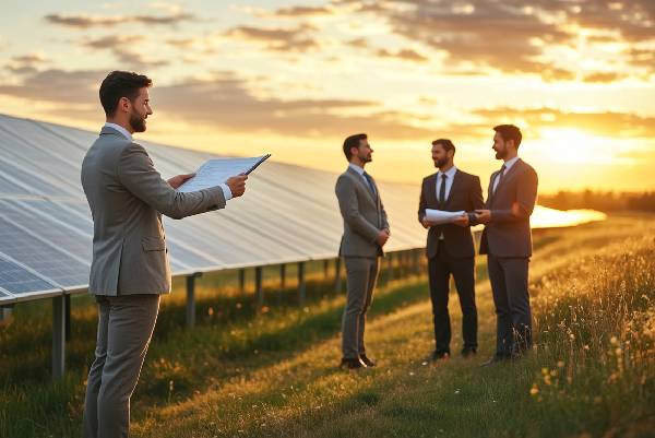 Un agente inmobiliario con traje formal mostrando zona de implementación de energía fotovoltaica  a un grupo de empresarios.